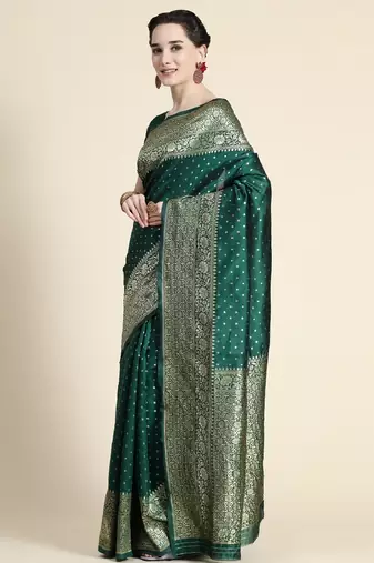 Green silk blend banarasi saree with unstitched blouse piece