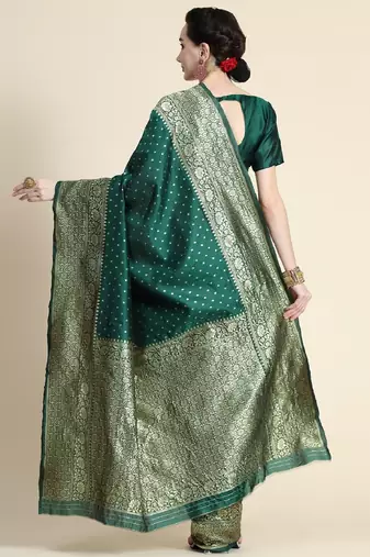 Green silk blend banarasi saree with unstitched blouse piece