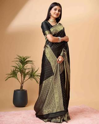 black silk blend banarasi saree with unstitched blouse piece 1
