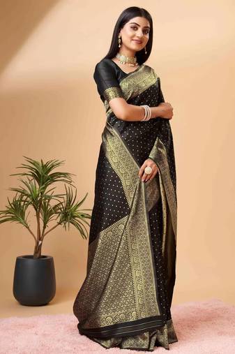 black soft silk blend banarasi jacuard work designer party wear saree with unstitched blouse piece