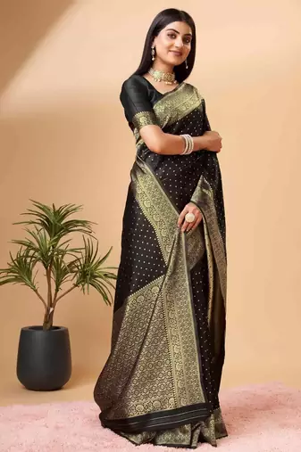 black soft silk blend banarasi jacuard work designer party wear saree with unstitched blouse piece