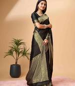 black soft silk blend banarasi jacuard work designer party wear saree with unstitched blouse piece
