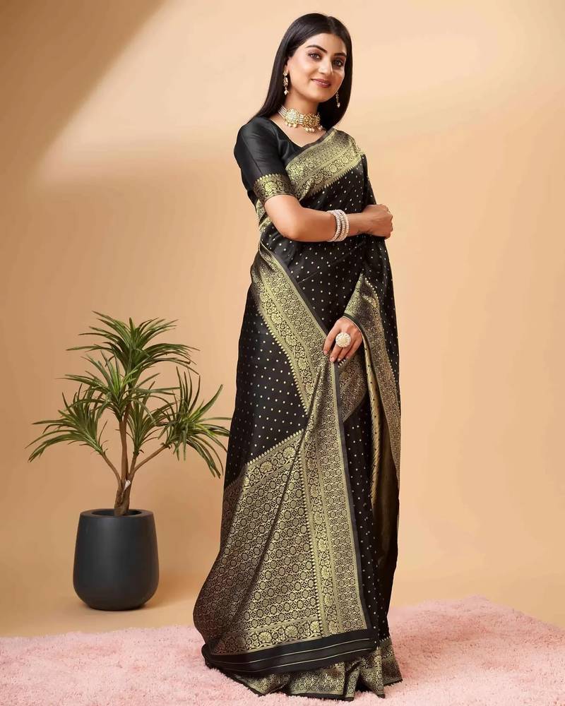 black soft silk blend banarasi jacuard work designer party wear saree with unstitched blouse piece