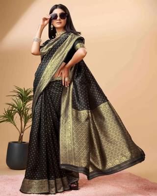 black silk blend banarasi saree with unstitched blouse piece 2