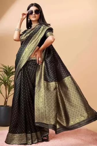 black silk blend banarasi saree with unstitched blouse piece