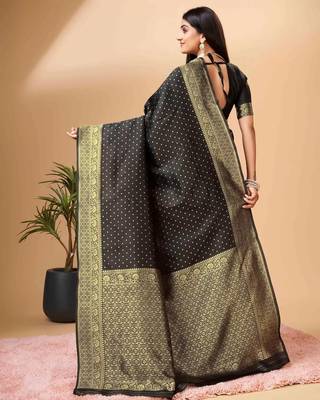 black silk blend banarasi saree with unstitched blouse piece 3