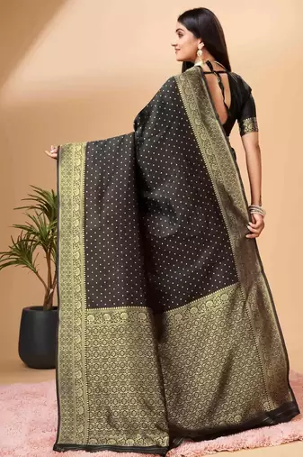 black silk blend banarasi saree with unstitched blouse piece