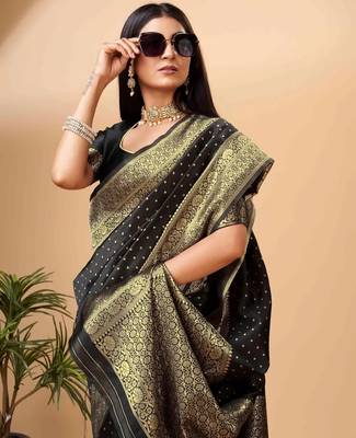 black silk blend banarasi saree with unstitched blouse piece 4