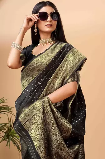 black silk blend banarasi saree with unstitched blouse piece