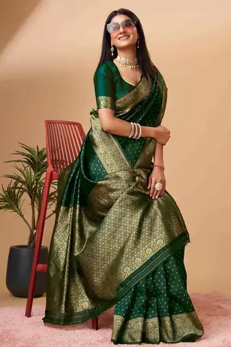 green soft silk blend banarasi jacuard work designer party wear saree with unstitched blouse piece