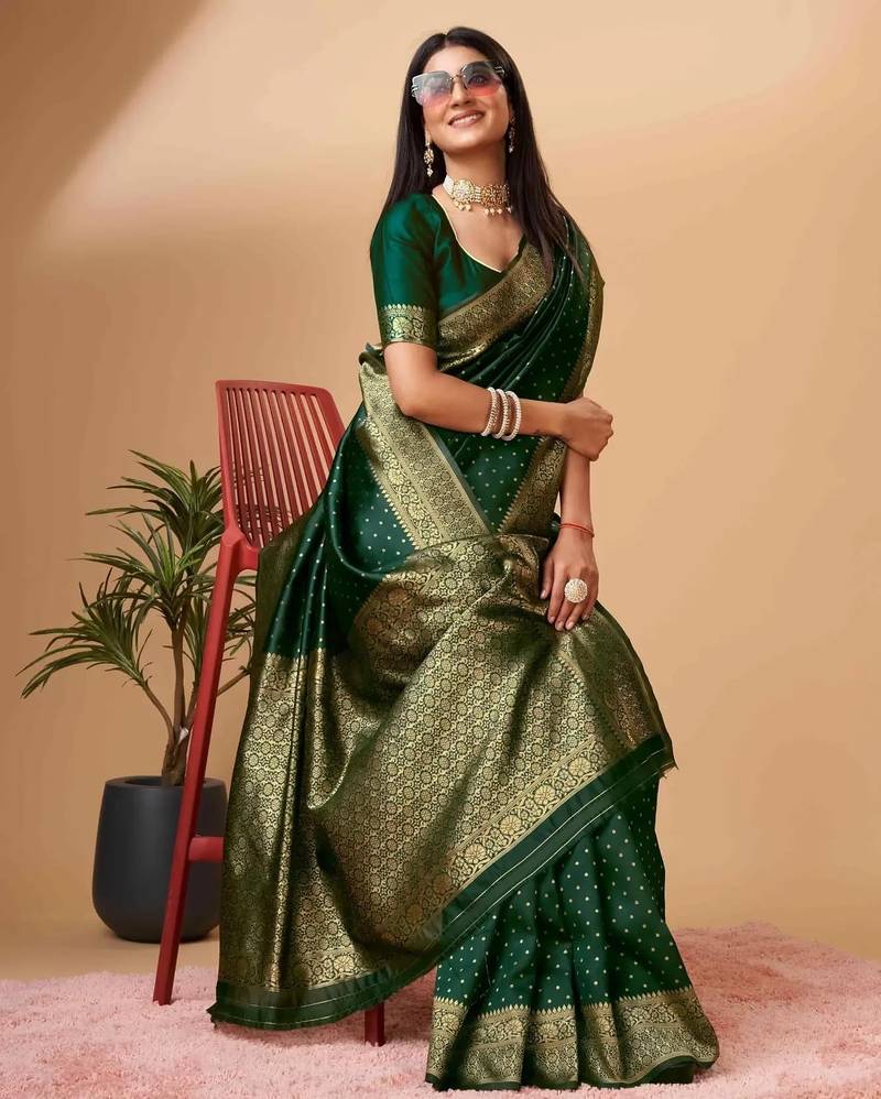 green soft silk blend banarasi jacuard work designer party wear saree with unstitched blouse piece