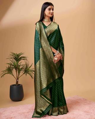 green silk blend banarasi saree with unstitched blouse piece 2