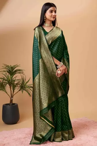 green silk blend banarasi saree with unstitched blouse piece