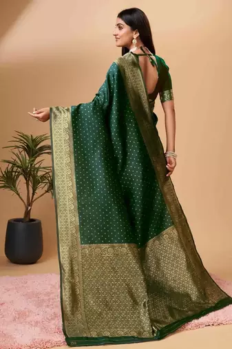 green silk blend banarasi saree with unstitched blouse piece