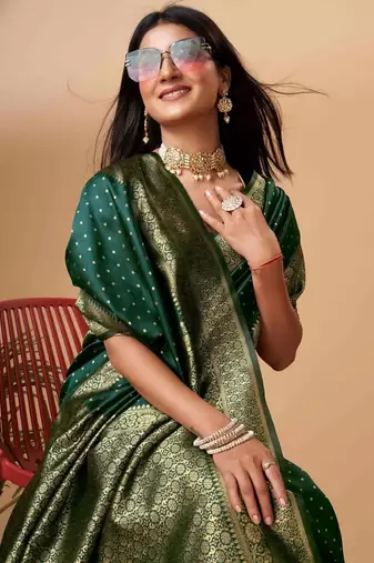 green silk blend banarasi saree with unstitched blouse piece