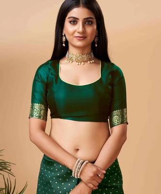 green silk blend banarasi saree with unstitched blouse piece 5