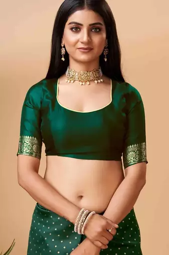 green silk blend banarasi saree with unstitched blouse piece