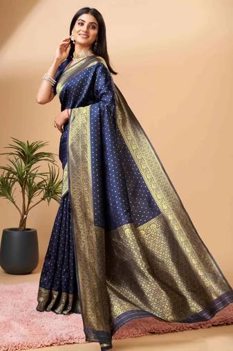 Blues oft silk blend banarasi jacuard work designer party wear saree with unstitched blouse piece