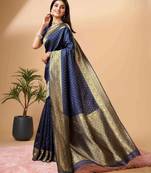 Blues oft silk blend banarasi jacuard work designer party wear saree with unstitched blouse piece