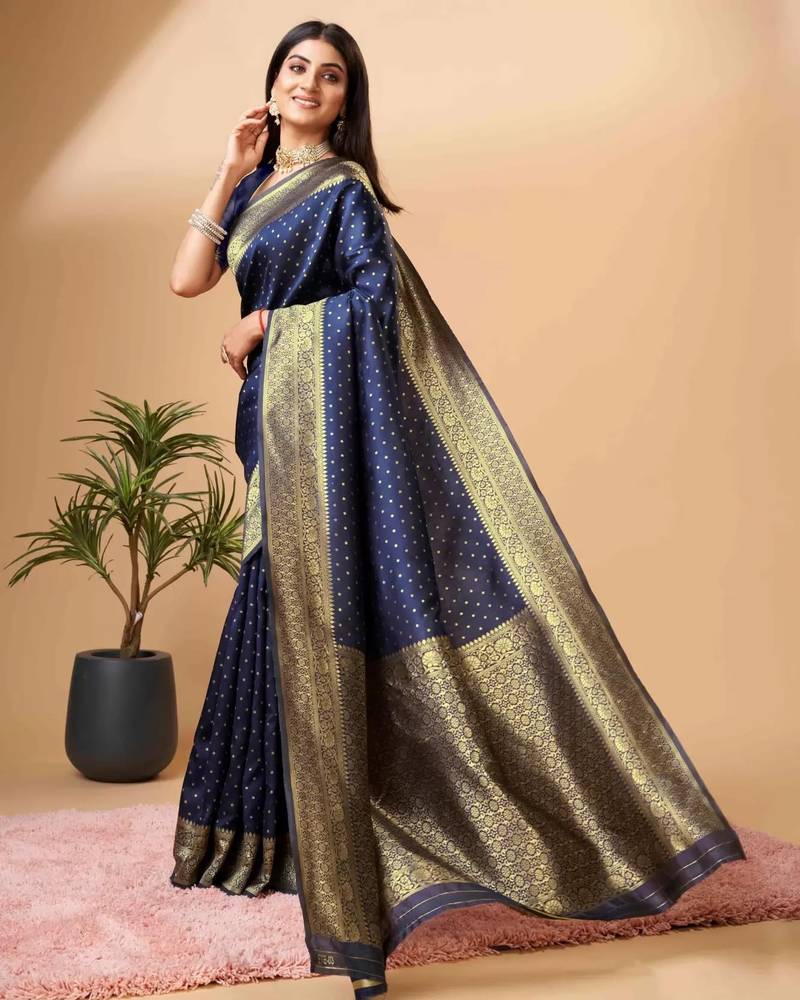 Blues oft silk blend banarasi jacuard work designer party wear saree with unstitched blouse piece