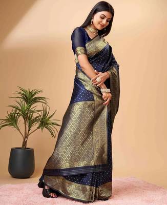 Blues oft silk blend banarasi saree with unstitched blouse piece 2