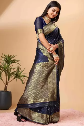 Blues oft silk blend banarasi saree with unstitched blouse piece