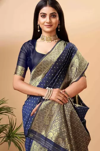 Blues oft silk blend banarasi saree with unstitched blouse piece