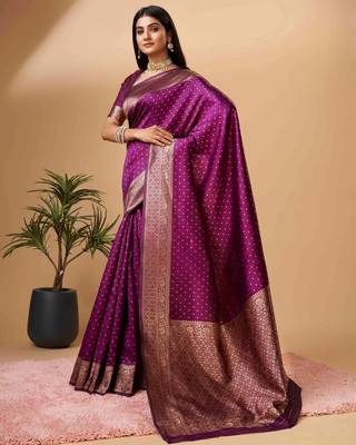 Purple silk blend banarasi saree with unstitched blouse piece 1