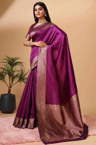Purple soft silk blend banarasi jacuard work designer party wear saree with unstitched blouse piece