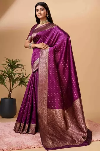 Purple soft silk blend banarasi jacuard work designer party wear saree with unstitched blouse piece