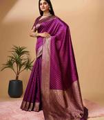 Purple soft silk blend banarasi jacuard work designer party wear saree with unstitched blouse piece