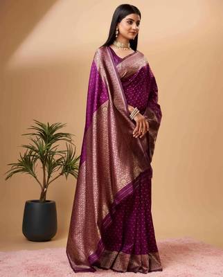 Purple silk blend banarasi saree with unstitched blouse piece 2