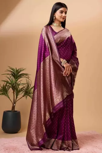 Purple silk blend banarasi saree with unstitched blouse piece