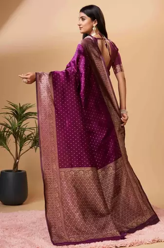 Purple silk blend banarasi saree with unstitched blouse piece