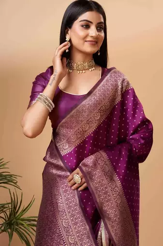 Purple silk blend banarasi saree with unstitched blouse piece