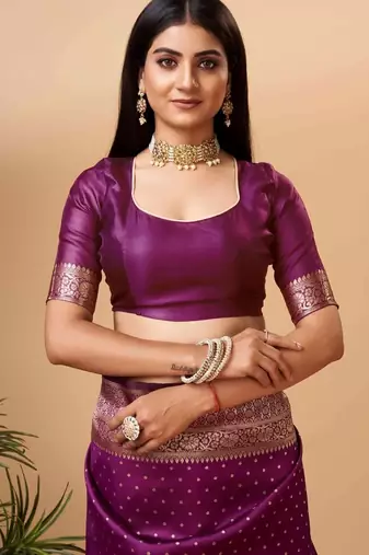 Purple silk blend banarasi saree with unstitched blouse piece