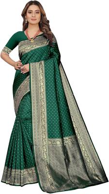Green silk blend banarasi saree with unstitched blouse piece 1