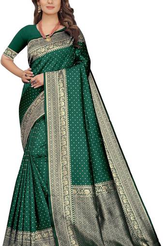 Green soft silk blend banarasi jacuard work designer party wear saree with unstitched blouse piece
