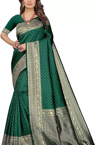 Green soft silk blend banarasi jacuard work designer party wear saree with unstitched blouse piece