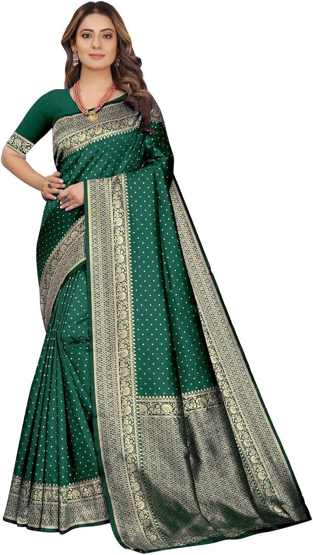 Green soft silk blend banarasi jacuard work designer party wear saree with unstitched blouse piece