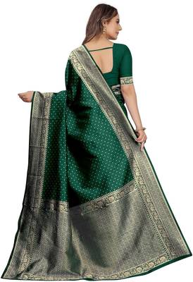 Green silk blend banarasi saree with unstitched blouse piece 2