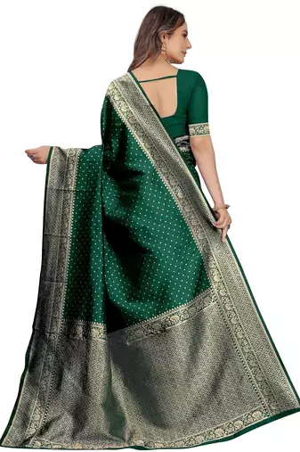 Green silk blend banarasi saree with unstitched blouse piece