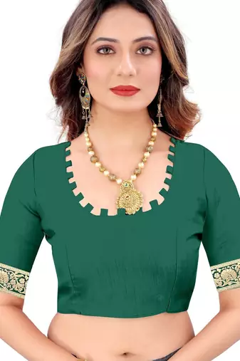 Green silk blend banarasi saree with unstitched blouse piece