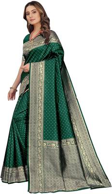 Green silk blend banarasi saree with unstitched blouse piece 4