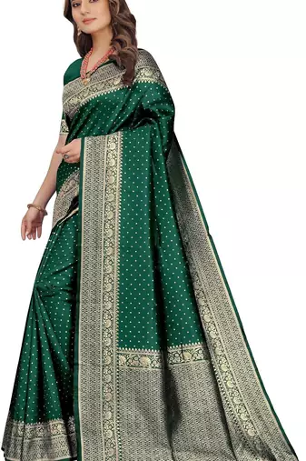 Green silk blend banarasi saree with unstitched blouse piece