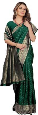 Green silk blend banarasi saree with unstitched blouse piece 5