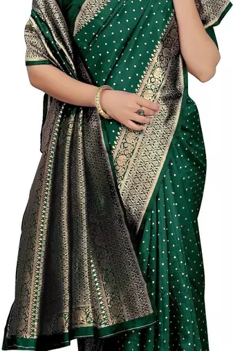 Green silk blend banarasi saree with unstitched blouse piece