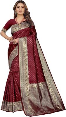 Maroon silk blend banarasi saree with unstitched blouse piece 1