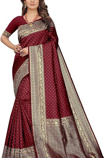 Maroon soft silk blend banarasi jacuard work designer party wear saree with unstitched blouse piece