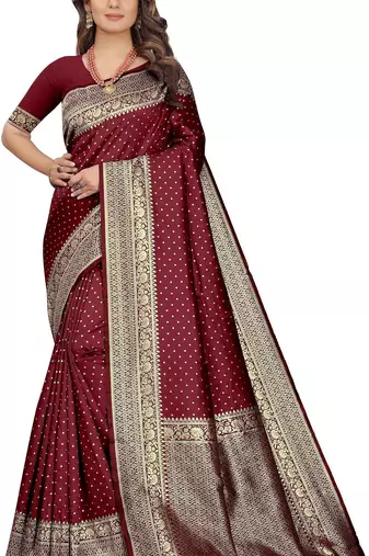 Maroon soft silk blend banarasi jacuard work designer party wear saree with unstitched blouse piece